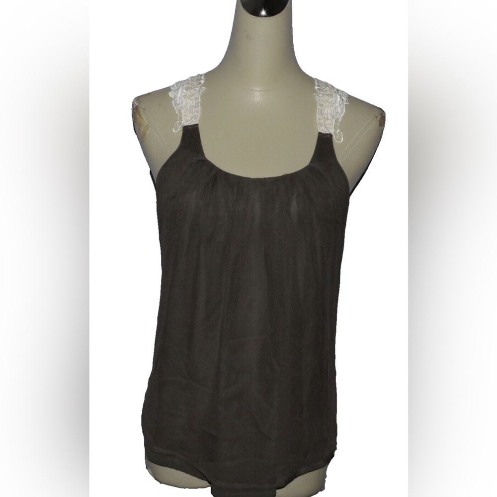 PURE SUGAR SIZE XS X-SMALL GRAY SILK WHITE CROCHET SLEEVELESS BLOUSE TOP